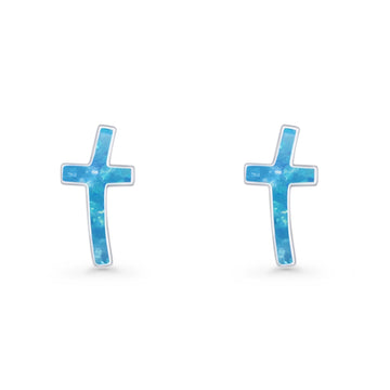 Cross Stud Earring Lab Created Blue Opal 925 Sterling Silver Wholesale